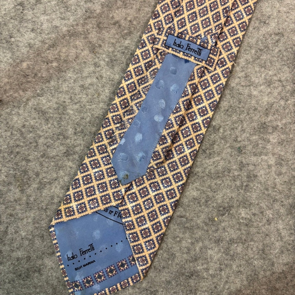 Italo Ferretti Mens Silk Tie Yellow Blue Geometric Diamond Handmade Italy F146